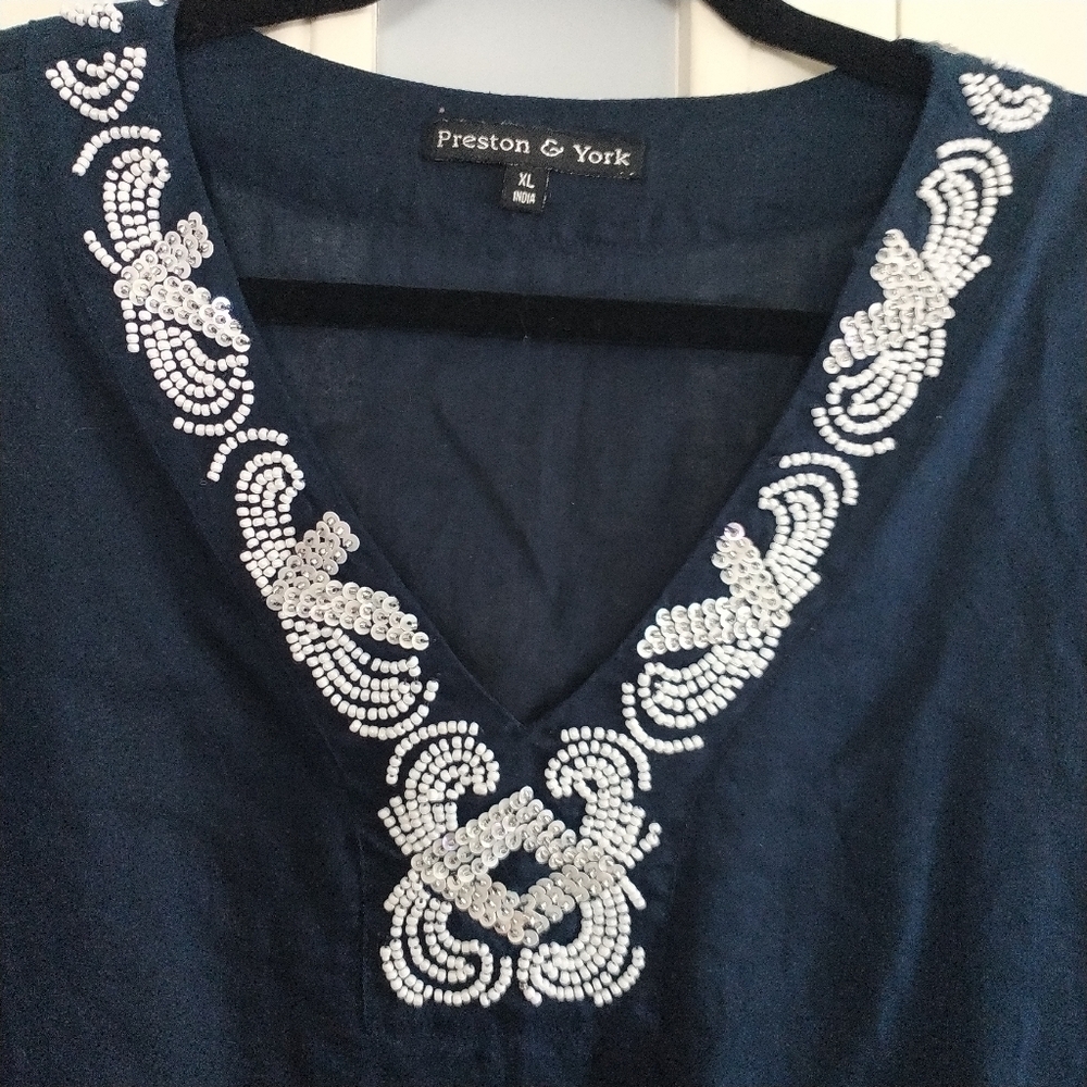Preston & York Dark Navy V Neck w Beads & Sequins Tunic Top XL - Picture 1 of 14